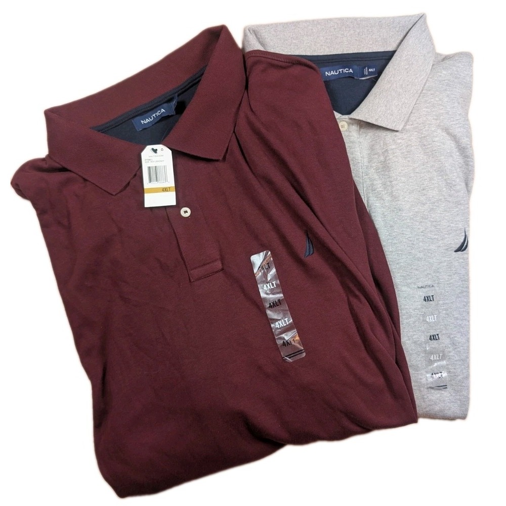 2x NWT Nautica Mens Short Sleeve Polo Shirt Big & Tall 4XLT Gray & Burgundy